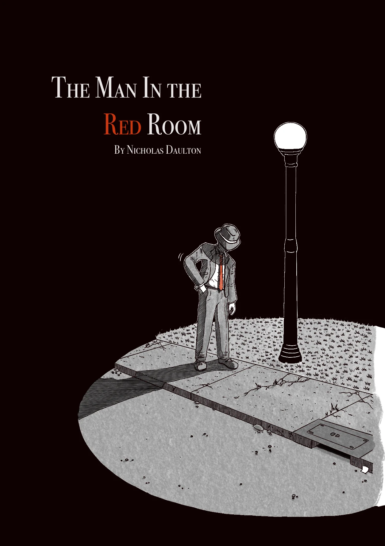 Title page: a man in a fedora and red tie stands alone under a streetlamp.