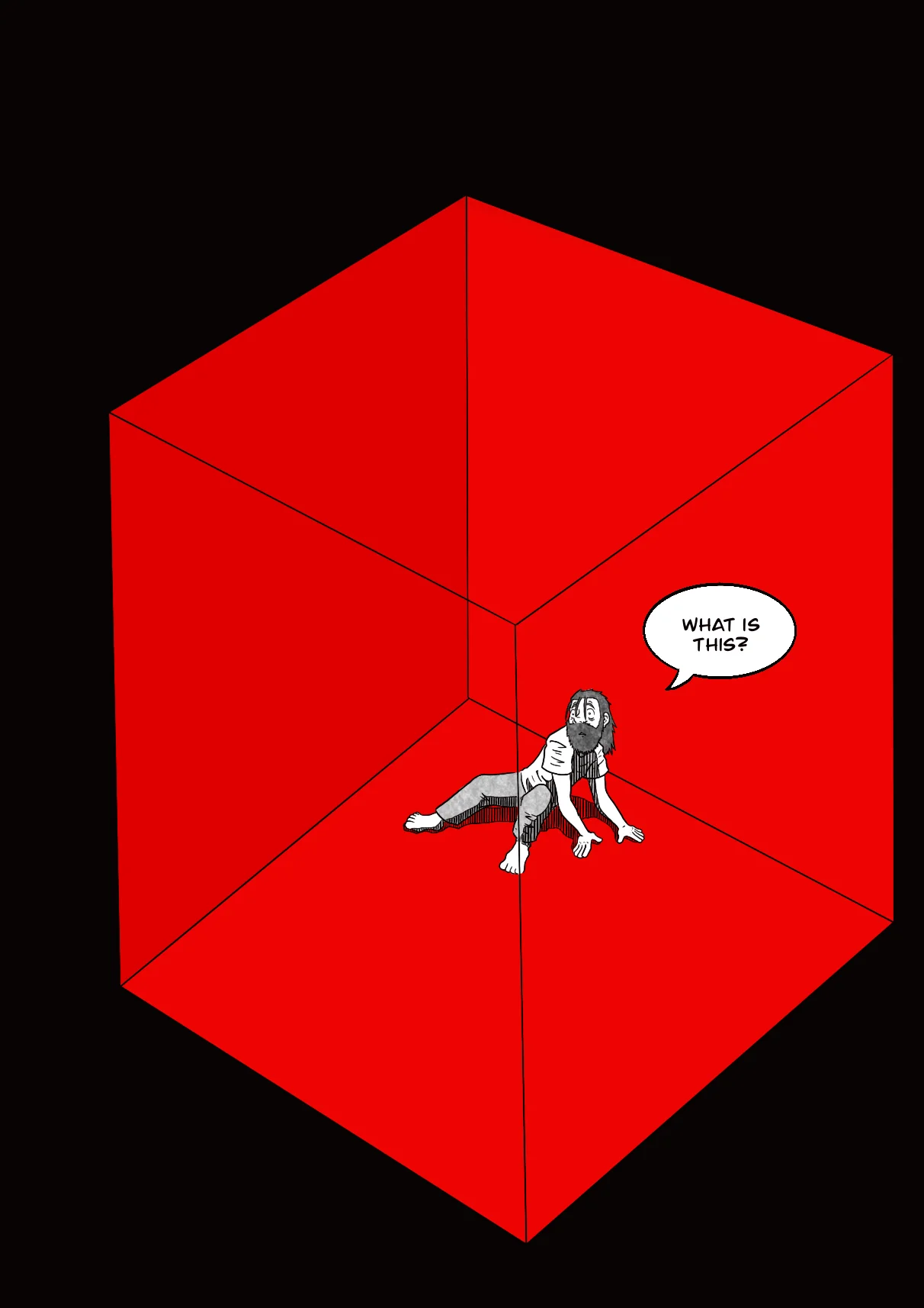 A man crouches in the corner of an empty red cube. Balloon: What is this?