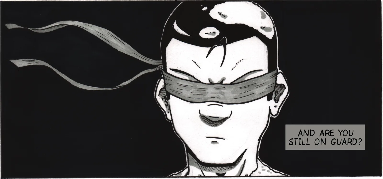 The blindfolded swordsman, a red-gray cloth tied over his eyes.