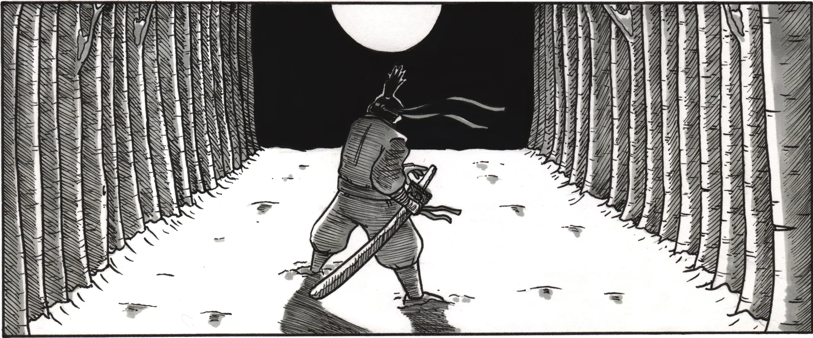 A corridor of birch trees under a white moon, the swordsman walking alone.