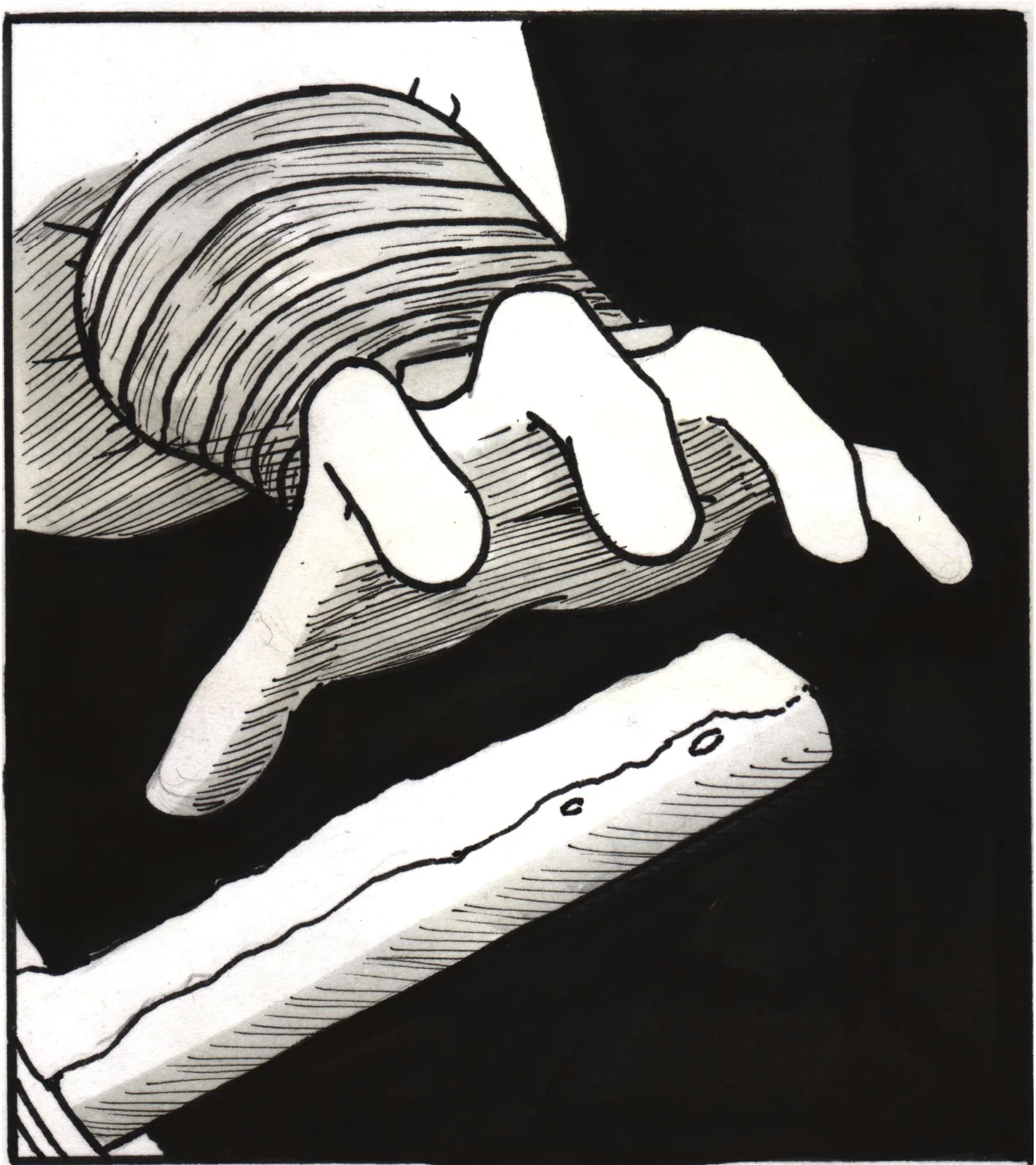 A bandaged hand reaches for a wooden sword hilt.