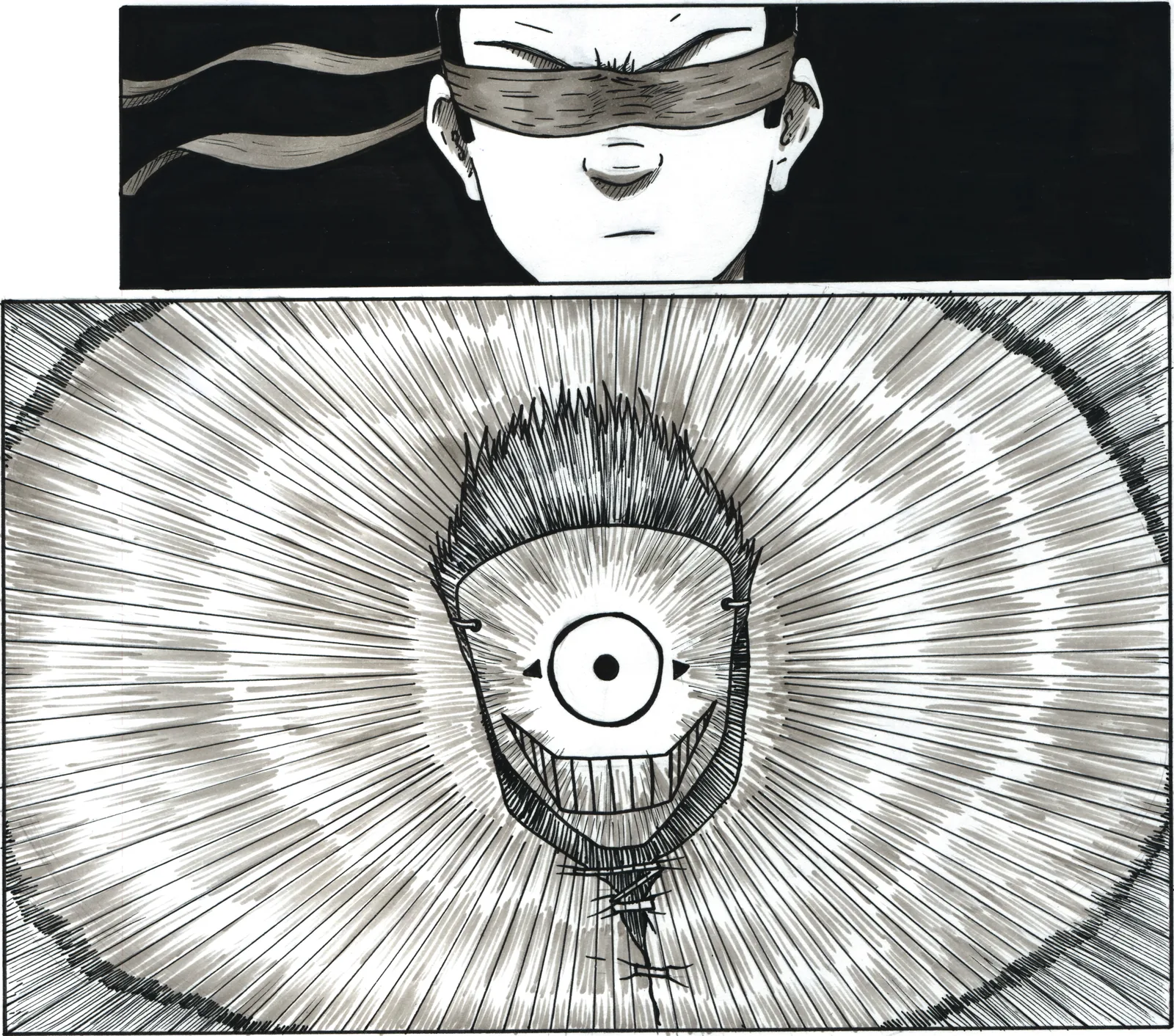 A single wide eye at the center of a burst of ink lines.