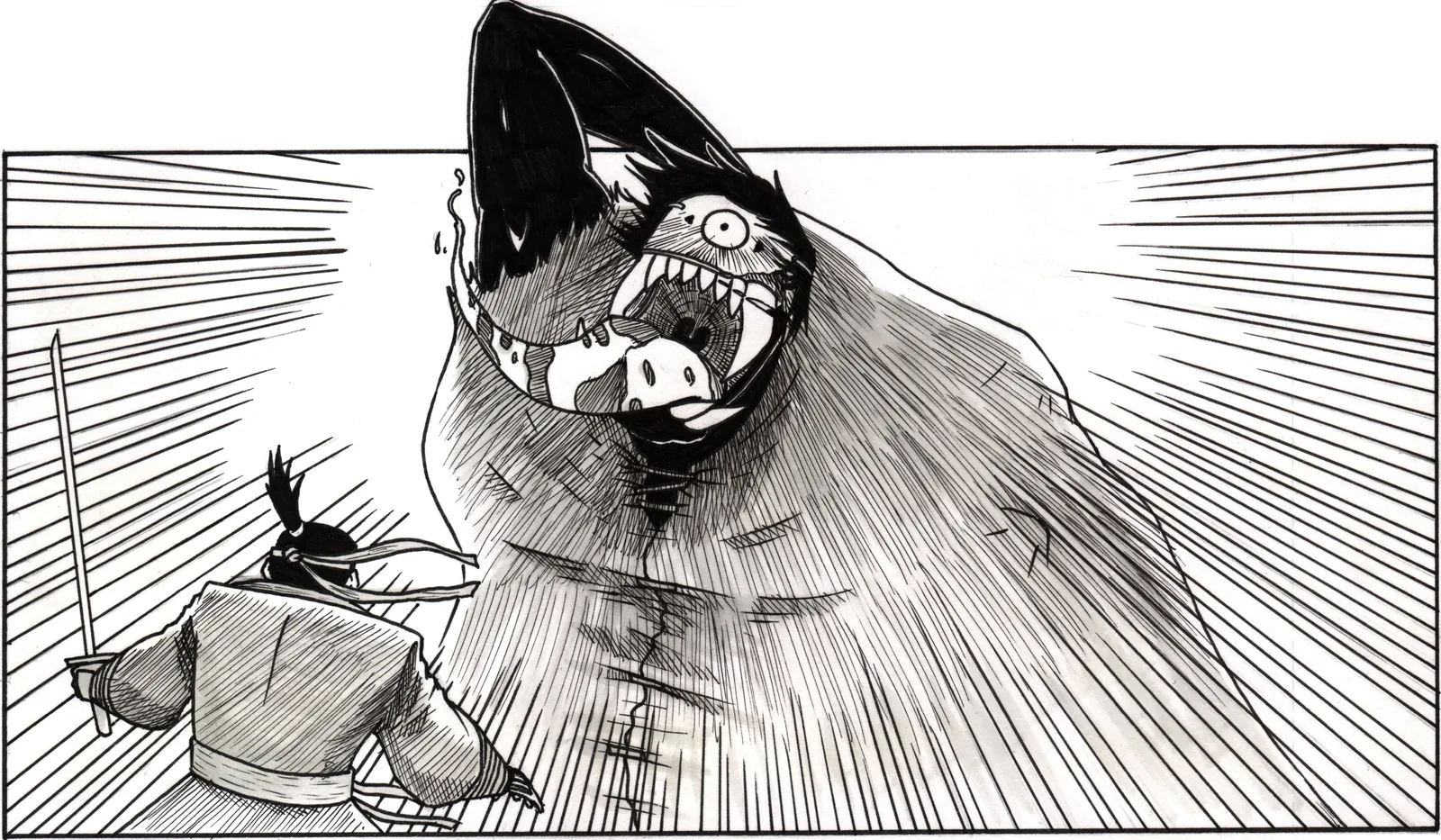 The monster roars over the swordsman with its jaw split open.