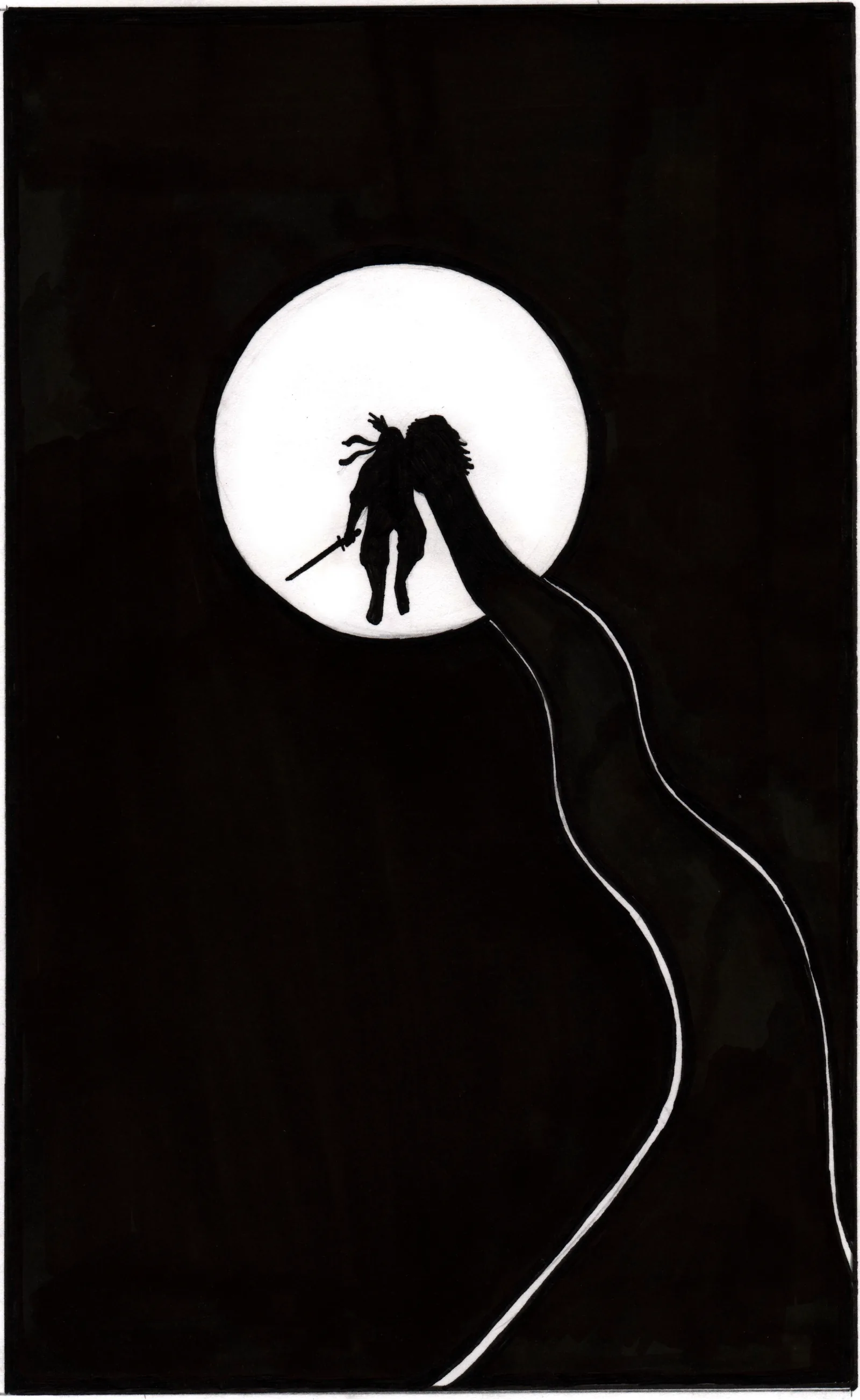 A tiny figure silhouetted against a full moon in pure black.