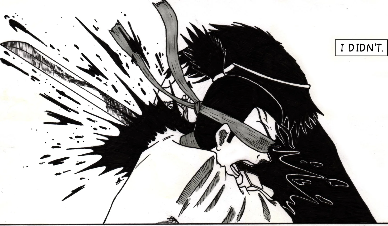 Ink spray as the swordsman is struck. Caption: I didn't.
